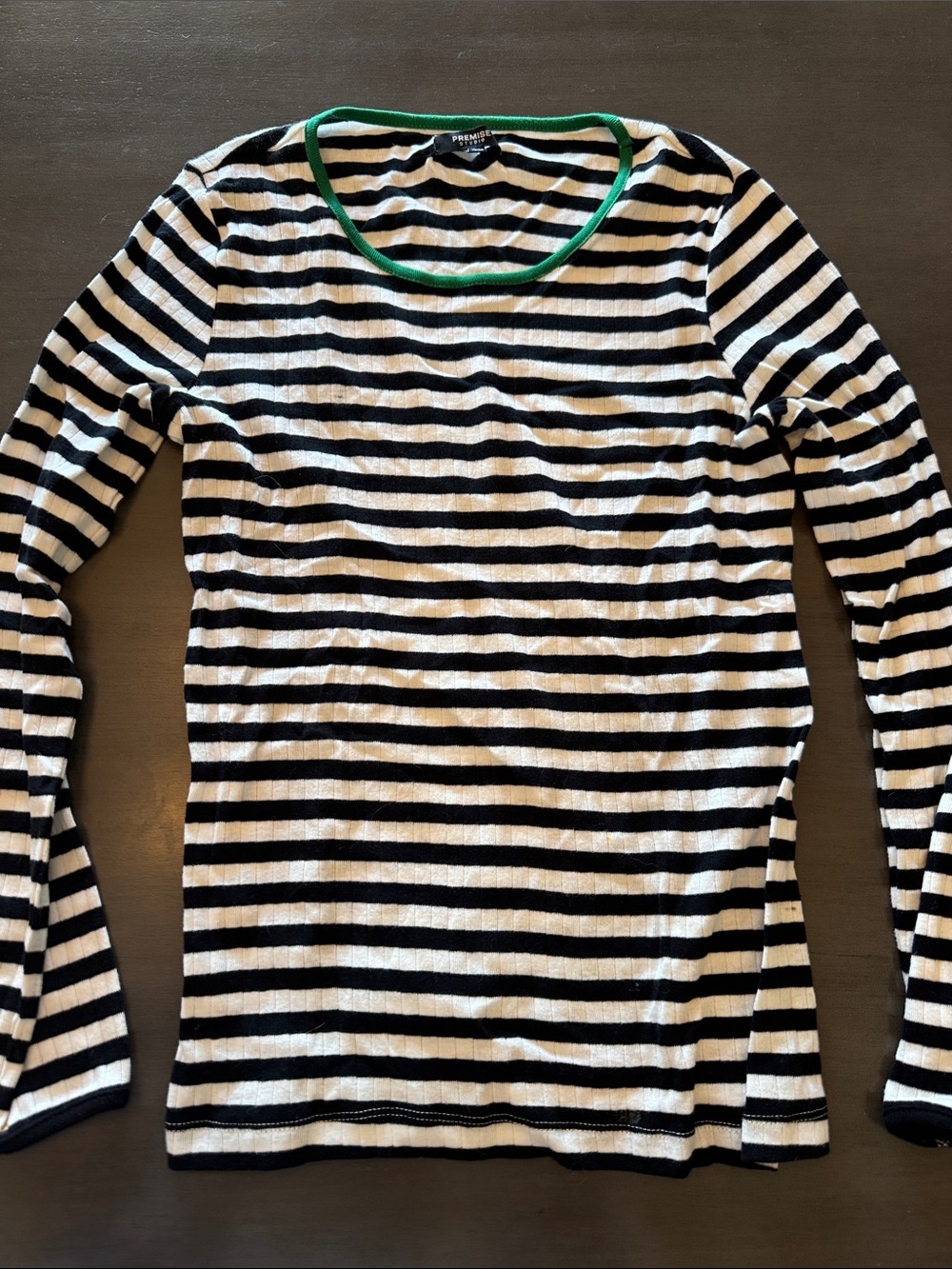 Premise Black & White Striped Long-Sleeve Top with Green Neck Trim